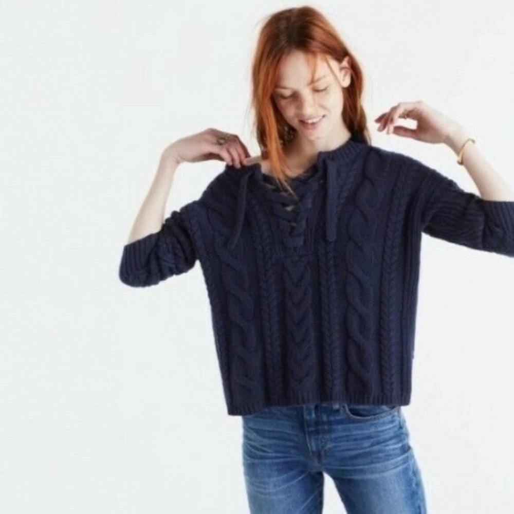 Madewell Wool Blend Lace-Up Pullover Chunky Cable Knit Sweater Size XS Blue